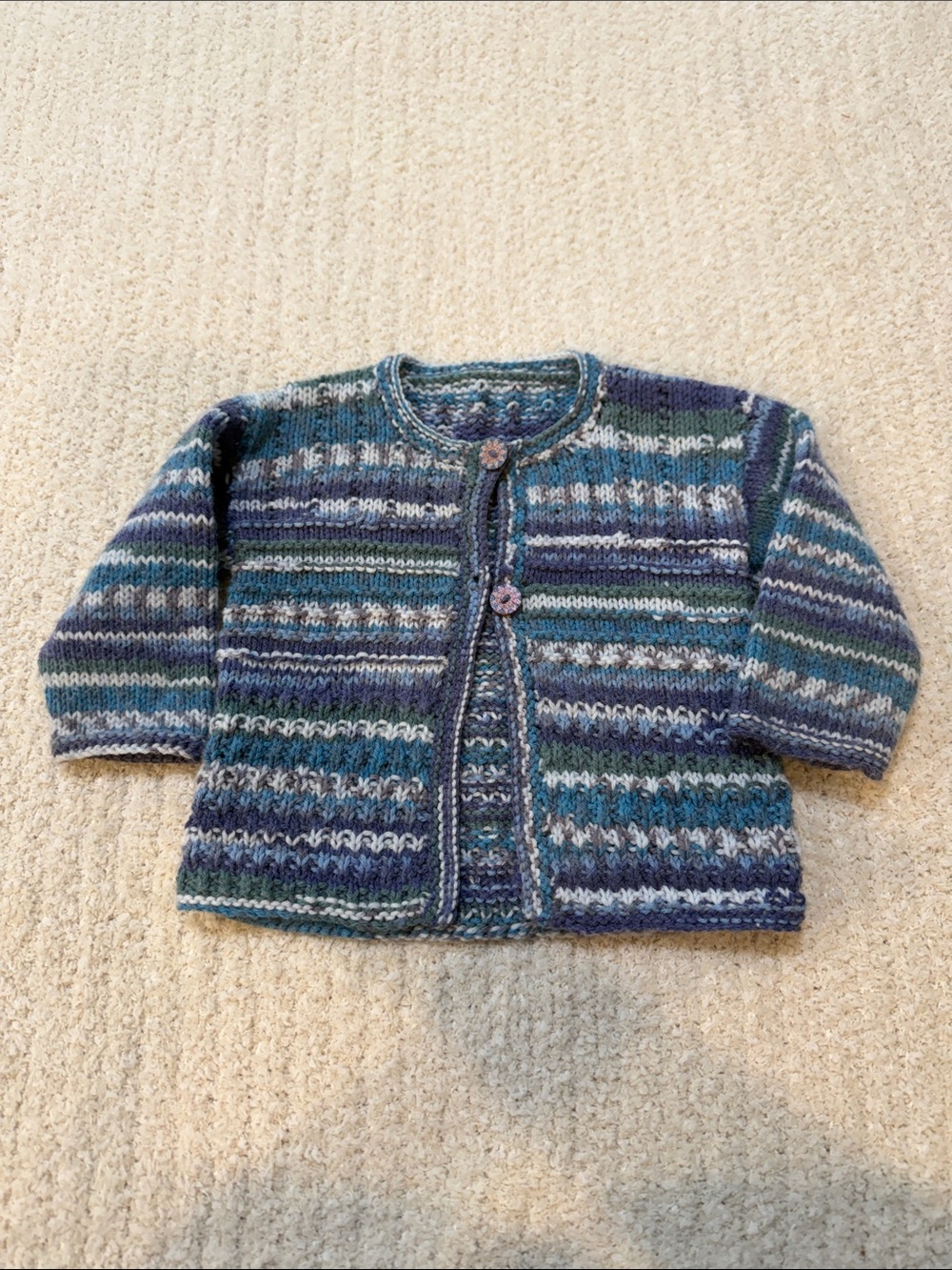 Hand Crocheted Baby Striped Knit Cardigan - Blue Multi